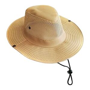 Wide-brim outdoor sun hat with mesh ventilation and chin strap